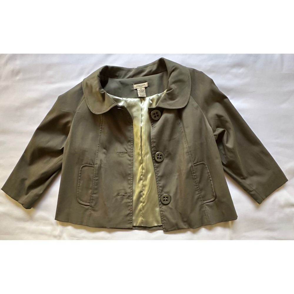 Vertigo Paris Women Cropped Jacket Olive‎ Green Button Front Peter Pan Collar M - Picture 6 of 13